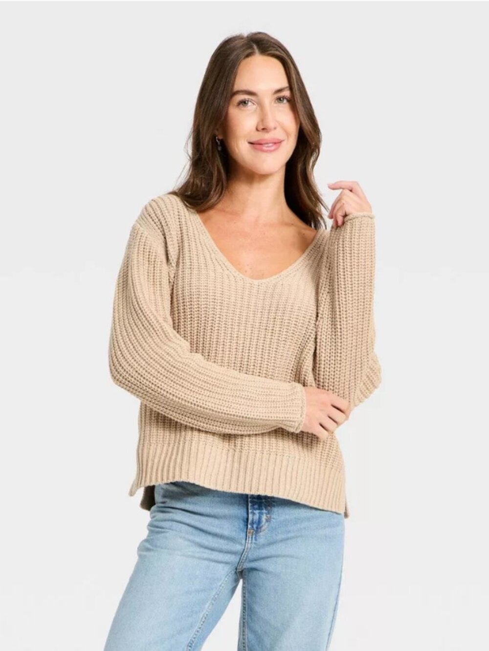 Women's Wide V-Neck Pullover Sweater - Universal Thread Oatmeal XL